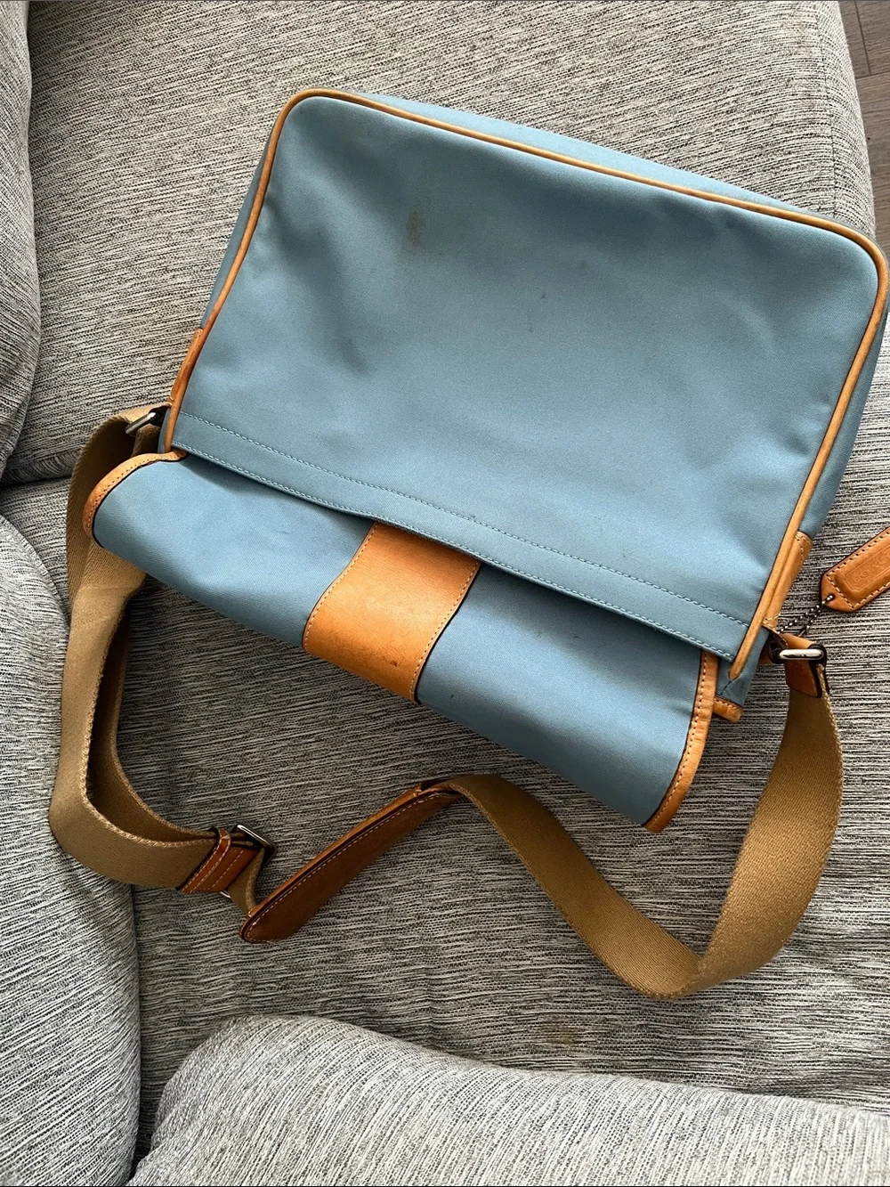 Coach Light Blue Canvas Messenger Bag with Tan Leather Trim